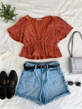 Urban Outfitters Rust Orange Velvet V-Neck Ruffle Crop Top